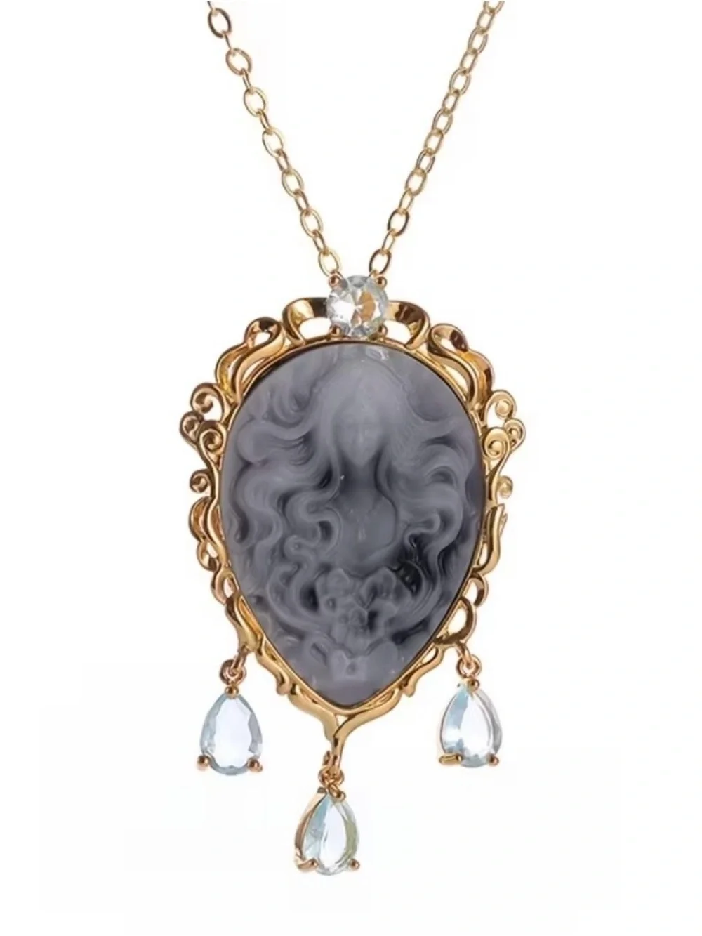 Gold Cameo Pendant Necklace with Gray Cameo and Light Blue Gem Drops